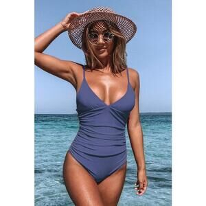 NWT Cupshe Blue V Neck Ruching One Piece‎ Swimsuit - Size Medium